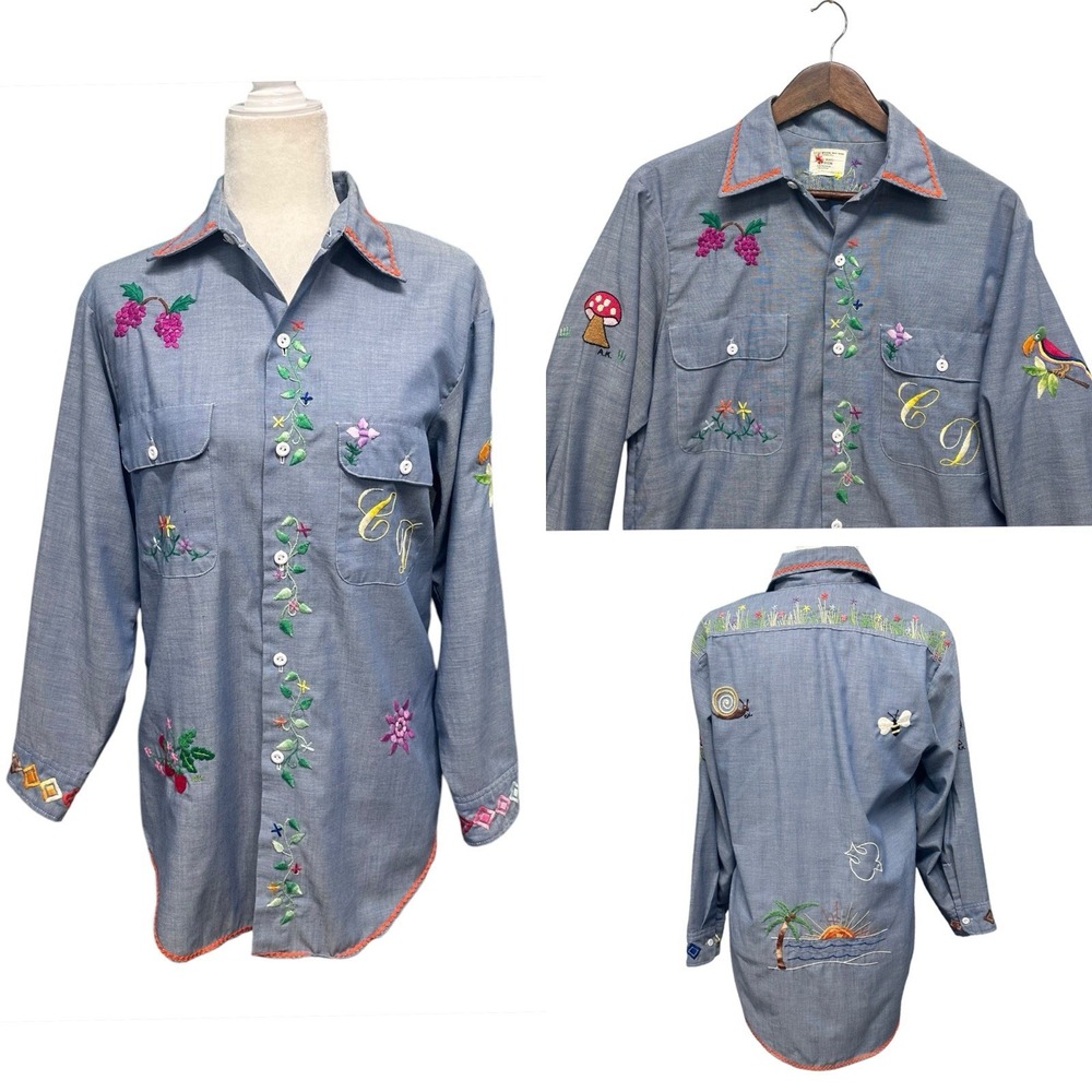 VTG 60s 70s Sz M Chambray Embroidered Hippie Boho Floral Novelty Shirt JCPenney